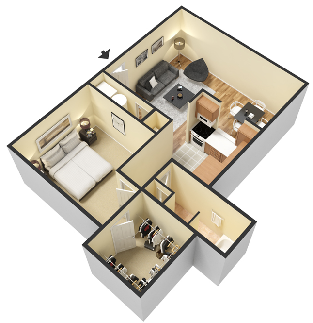 Floor plan for 1 bed, 1 bath, 600 sqft